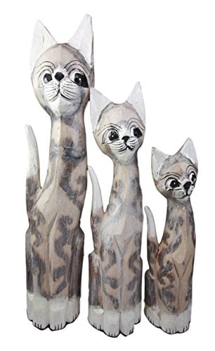 Balinese Wood Handicrafts Abstract Colorful Feline Cat Family Set of 3 Figurines 