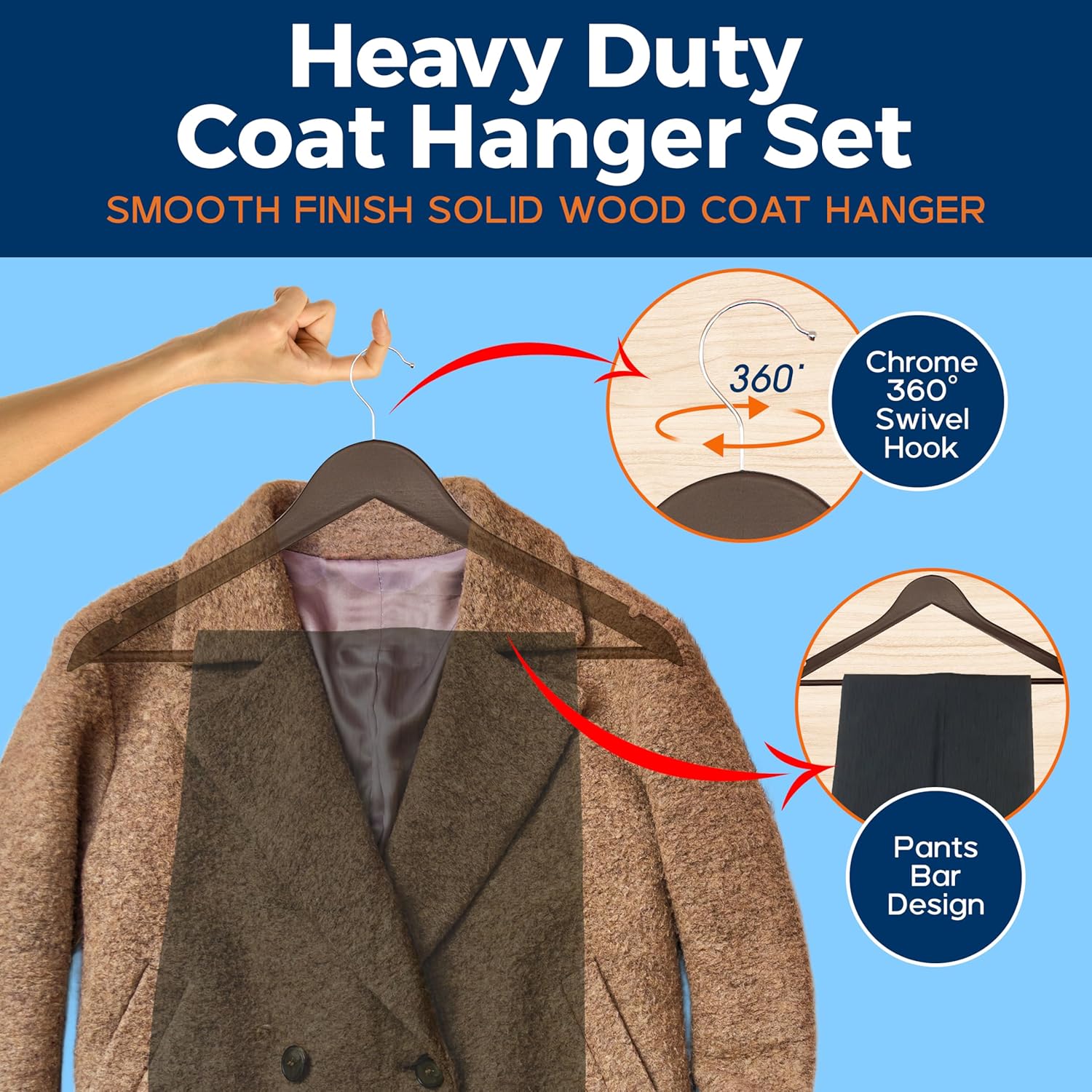 Brown Wooden Hangers 5 Pack – Heavy-Duty with 360° Swivel Hook, Non-Slip, Pants Bar & Shoulder Grooves - Wooden Hangers for Suits, Jackets, Dresses & Camisoles, Space-Saving and Smooth Finish
