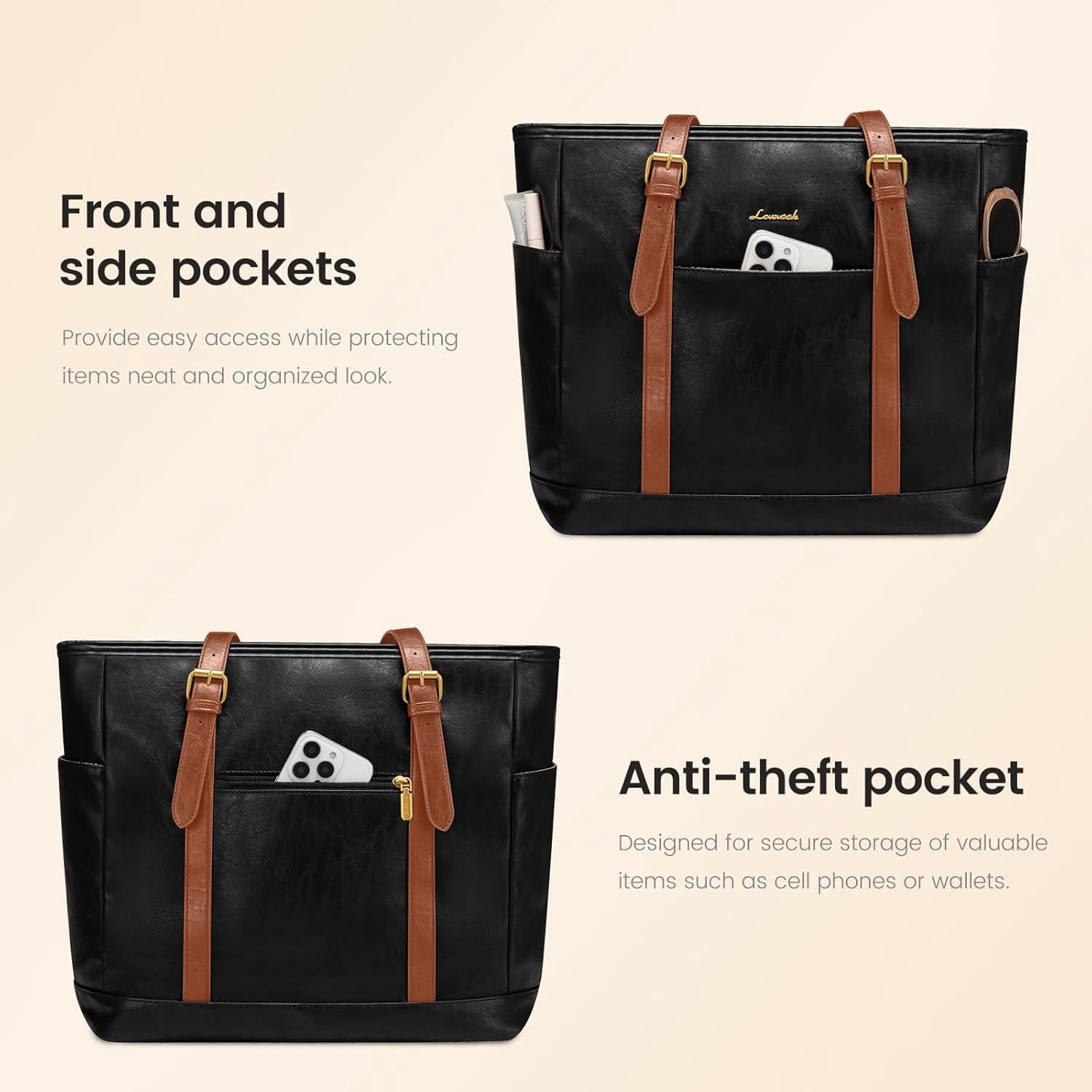 LOVEVOOK Laptop Tote Bag for Women,Vintage Leather Work Tote Bag for Women, 15.6 Inch Computer Briefcase Bag,Waterproof Teacher Business Office
