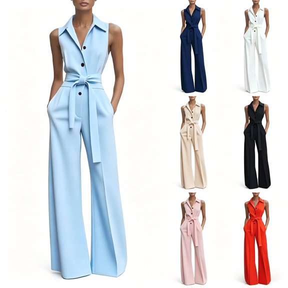 Tqcoqu Women’s Sleeveless V Neck Jumpsuit Button Down Wide Leg Jumpsuit with Pockets Office Outfit,Beige,Women's S-XL