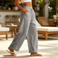 thumbnail image 6 of Resicozy Linen Pants Women Beach Vacation High Waist Elastic Drawstring Straight Leg Long Trousers with Pockets Cuffed Hem Gray M, 6 of 6