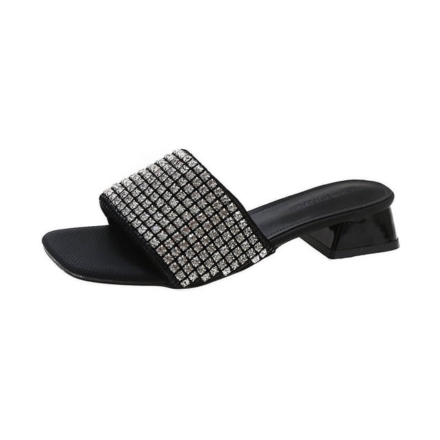 Zapatillas de verano con tacón grueso y diamantes de imitación para mujer, elegantes zapatillas de tacón alto a la moda para mujer, sandalias con tiras y punta cuadrada