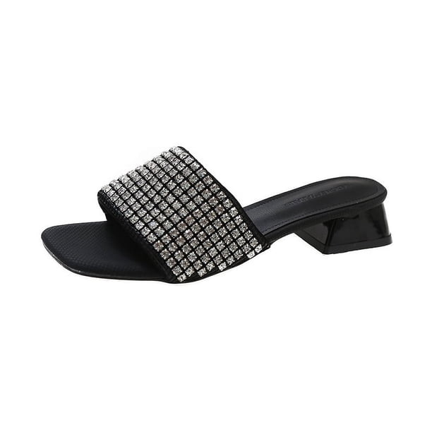 Zapatillas de verano con tacón grueso y diamantes de imitación para mujer, elegantes zapatillas de tacón alto a la moda para mujer, sandalias con tiras y punta cuadrada