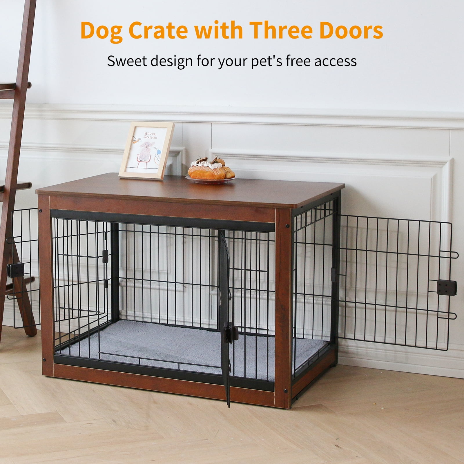Dog Crate Furniture Indoor Dog Crate End Table Heavy-Duty Dog Cage with Dog Mat, Three-Door Dog House Brown