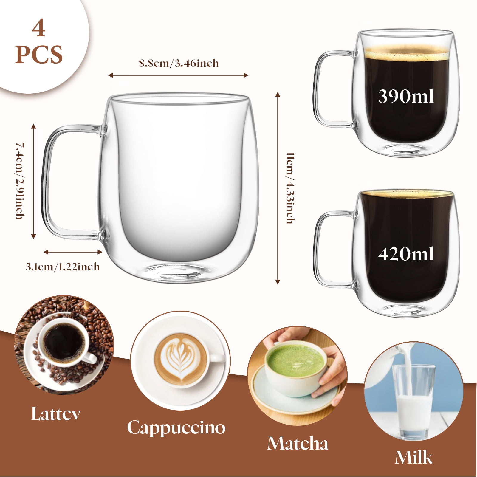 Double Walled Glass Coffee Mugs,14oz,Large Espresso Cups with Handle,Set of 4 Clear Glasses ,Tea Latte Cappuccino Mug ,Glassware