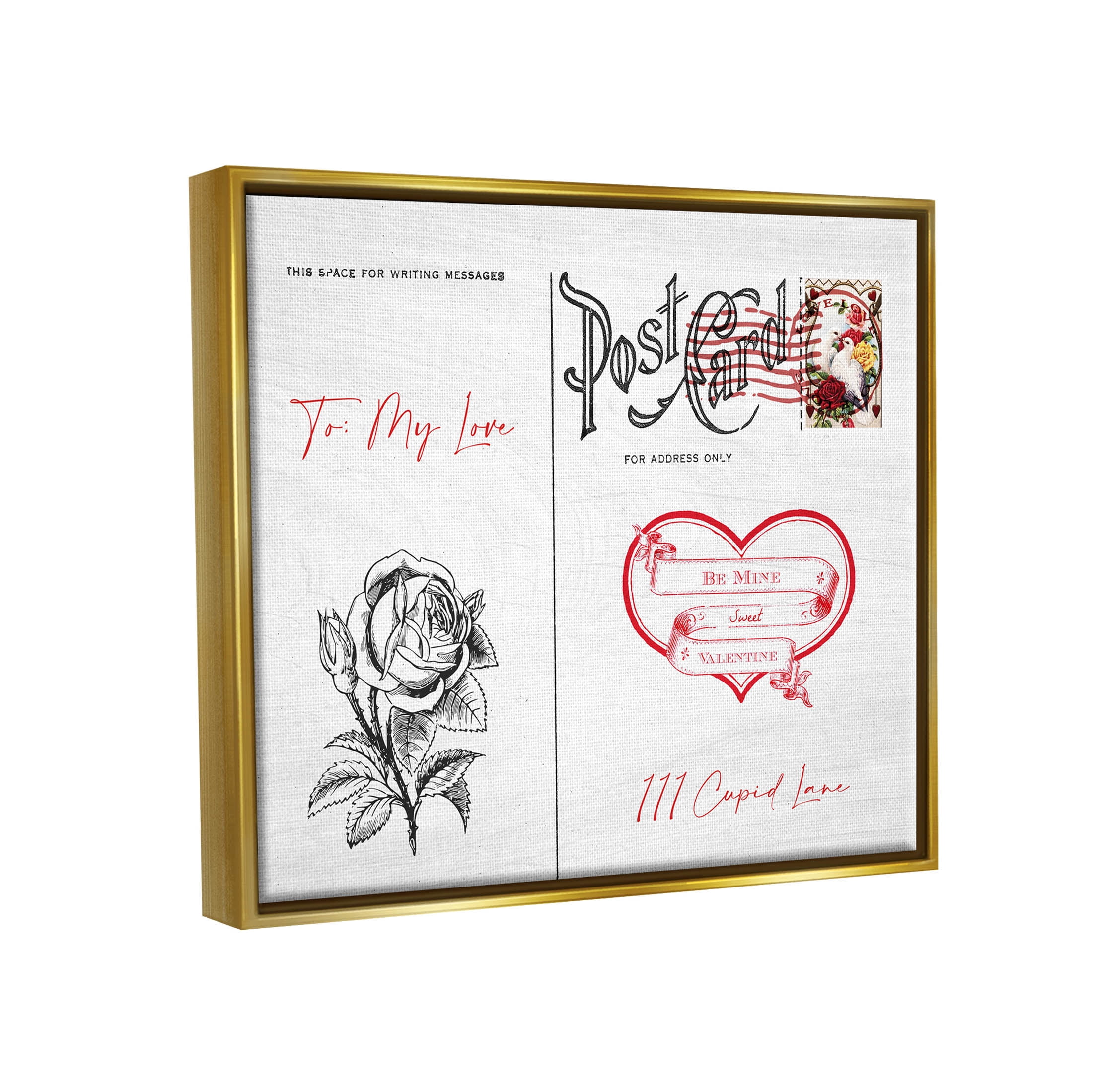 Stupell Industries To My Love Valentines Postcard Graphic Art Metallic Gold Floating Framed Canvas Print Wall Art, Design by Lil' Rue