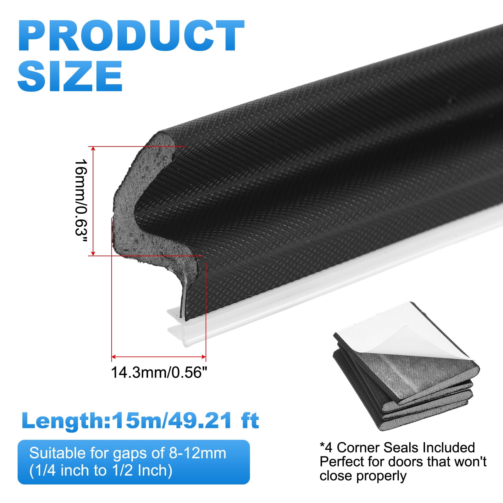 Uxcell Door Weather Stripping, 49.21 ft V-shaped Kerf Front Exterior Door Frame Weather Stripping with 4 Corner Seals for Soundproof Entry Interior Frame Window Gap Filler, Black/Grey