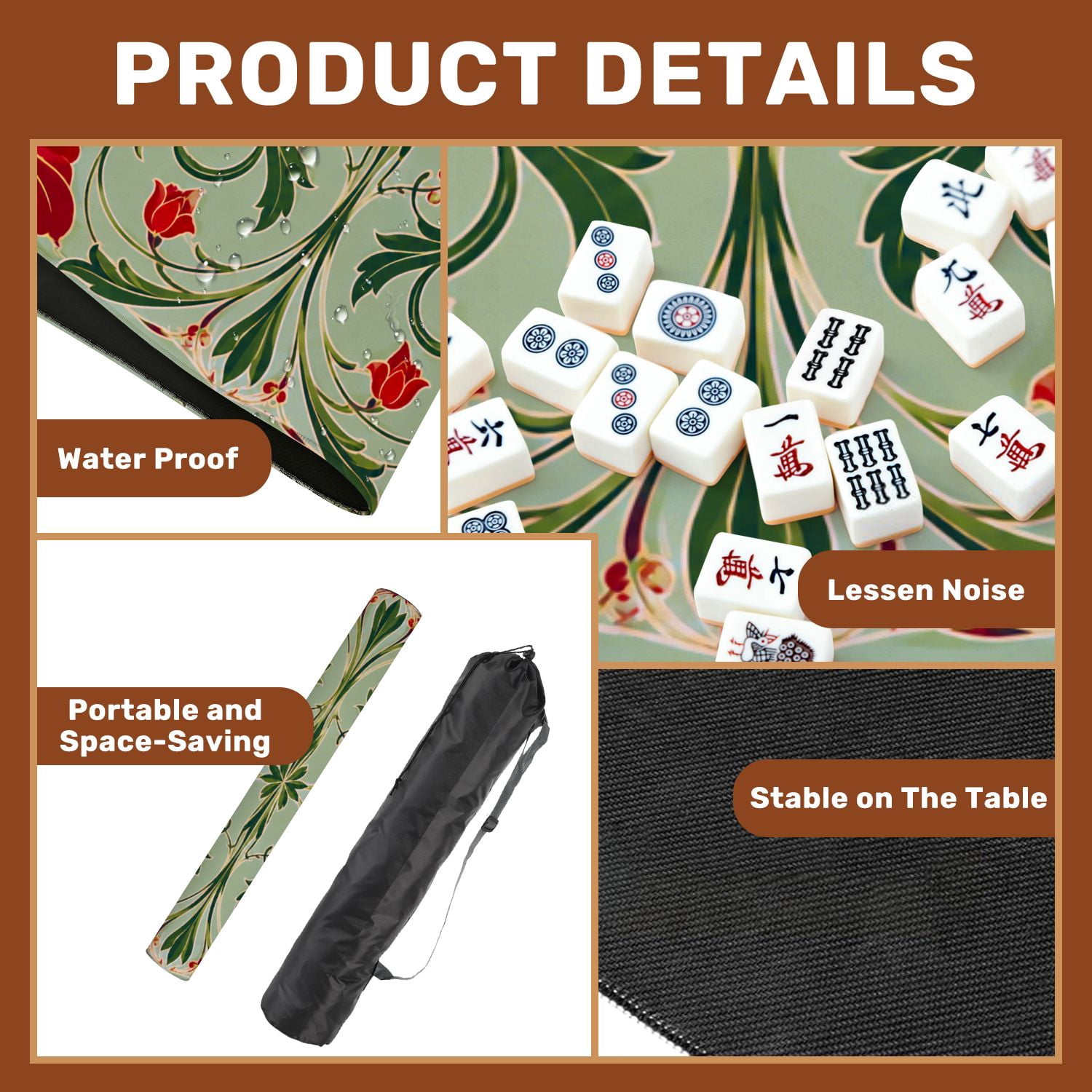 Mahjong Mat 31.5" x 31.5" Red Floral Green Swirling Leaves Soft Non-Slip Noise Reduction American Mahjong Tiles Table Cover for Dominoes Poker Card Board Games Gift