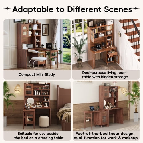 Bellemave L Shaped Desk with 90° Rotating Desktop, Home Office Computer Desk with Storage Cabinets and Shelves, Farmhouse Corner Writing Desk for Study or Small Space, Walnut