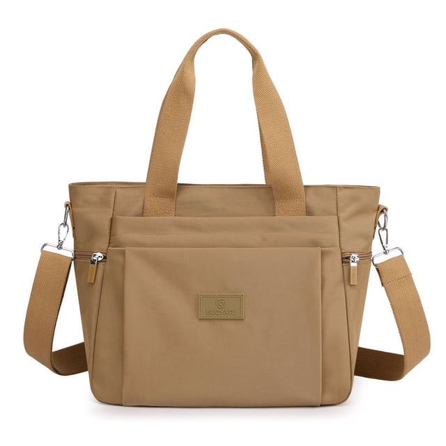 bolso de mano de gran capacidad para mujer, sencillo, para ir al trabajo, repelente al agua, con múltiples compartimentos, tipo bandolera para mamá color khaki Heldig; vista frontal centrada de tote rectangular con asas cortas y correa bandolera desmontable, bolsillo frontal con cremallera y placa de logo, tejido liso impermeable y herrajes plateados, pensado para oficina y uso diario y a menudo usado como organizador de viaje ligero.