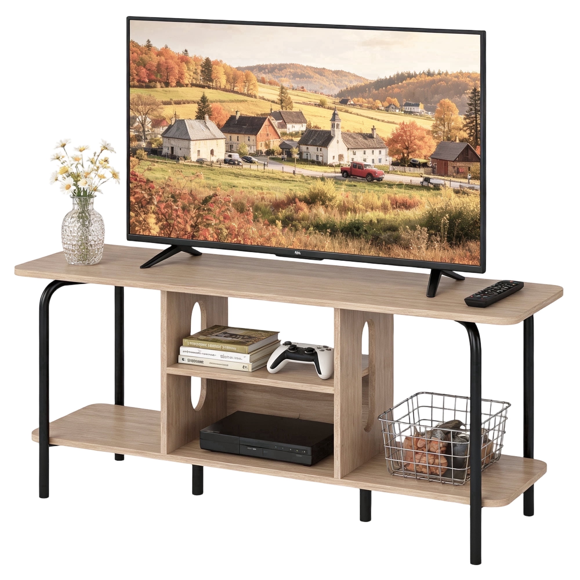 Manxile Mid Century Wooden TV Stand for TVs to 60'' with Open Storage Shelves and Metal Frame, Natural