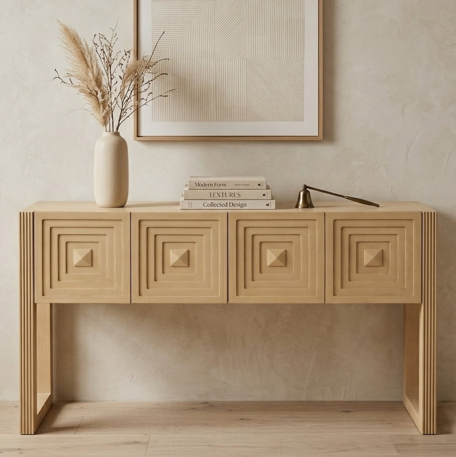 Aukfa 55" Geometric Carved Console Table with 3 Drawers, Fluted Leg Entryway Table, Modern Sofa Accent Table for Living Room/Hallway,Brown