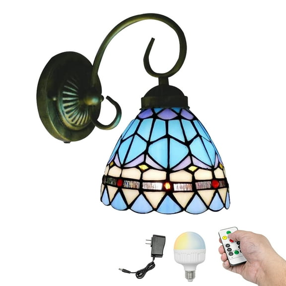 Kiven Battery Operated Wall Sconces, Tiffany Style Wall Lights with Rechargeable LED bulb and Glass Shade,Dimmable,Timing（1 Light）