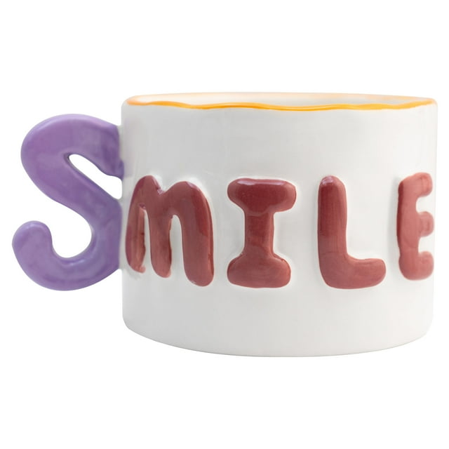Taza de Cerámica Texturizada, Diseño Minimalista, Modelo SMILE en Relieve con Asa en Forma de S, Tarro para Bebidas Calientes, Capacidad 395 ml