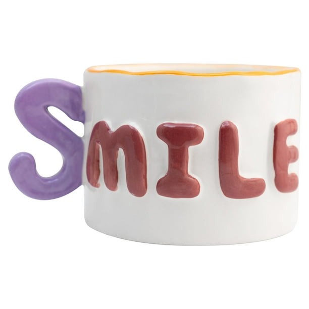 Taza de Cerámica Texturizada, Diseño Minimalista, Modelo SMILE en Relieve con Asa en Forma de S, Tarro para Bebidas Calientes, Capacidad 395 ml
