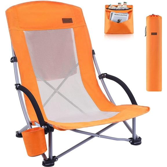 High Back Beach Chair with Cooler Bag Cup Holder and Carry Bag Orange