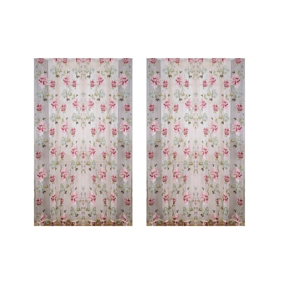Iumwxz Ensemble de Rideaux en Voile Gaze Pivoine Porte en Verre Décorative Fenêtre Française Élégant Transparent Voilage Chambre Salon Entretien Facile Décoration Maison 2 Pcs Rose