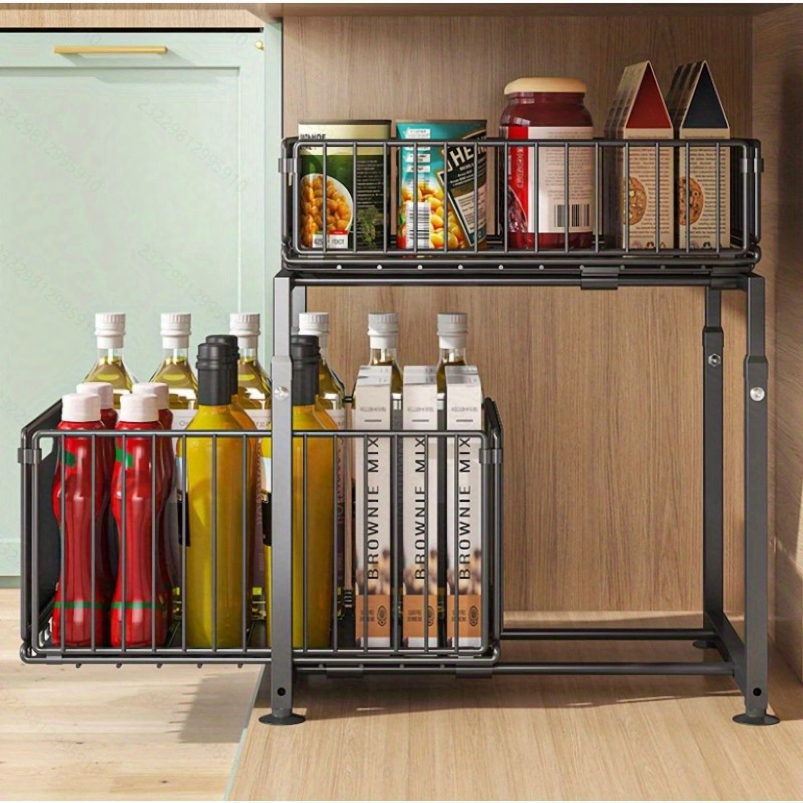 2-Tier Under Sink Organizer with Sliding Drawer, Heavy Duty Carbon Steel Storage Rack for Kitchen & Bathroom, Adjustable Shelves with Hooks for Utensils, Cleaning Supplies and Spices