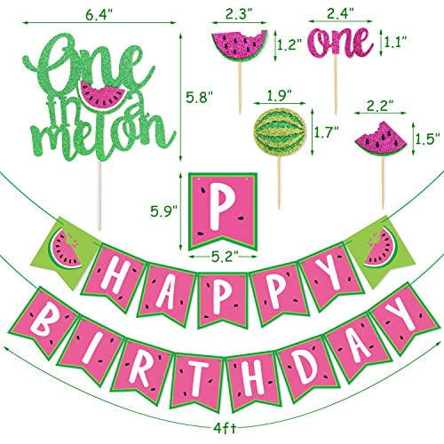 Watermelon Birthday Party Supplies One in a Melon Cake Topper Watermelon Cupcake Toppers Melon Balloons Simulated watermelon leaf and Watermelon triangle flag Happy Birthday Banner for Summer Fruit Themed 1st Birthday Party.Watermelon Party Supplies