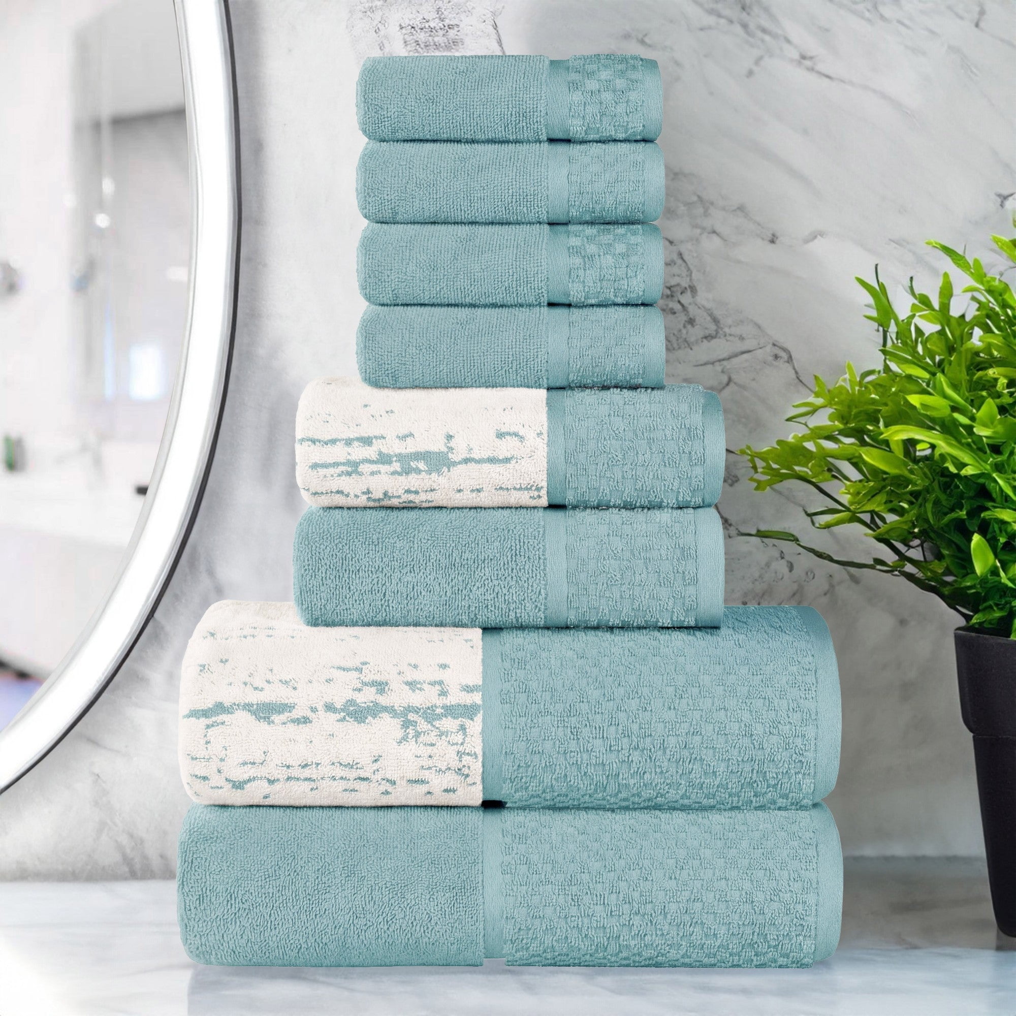 Superior Modern Cotton 8 Piece Bathroom Towel Set Mixed Pattern Solid, Cyan