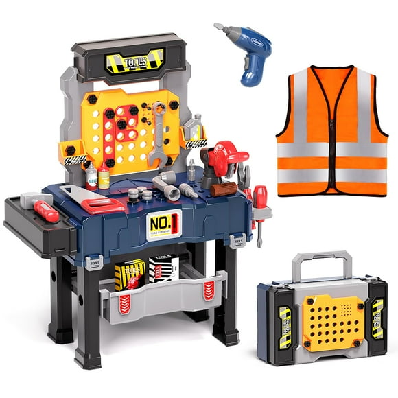 Deejoy Kids Tool Bench with Realistic Tools and Electric Drill, Transformable Kids Tool Set, Toddler Tool Bench Pretend Play Learning Gift for Boys & Girls Age 3-5 (with Work Clothes)