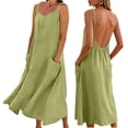 thumbnail image 4 of Women's 100% Cotton Spaghetti Strap Midi Dress, Backless V Neck Casual Summer Beach Dress with Pockets, Loose Fit Vacation Sundress for Women S-3XL, 4 of 6
