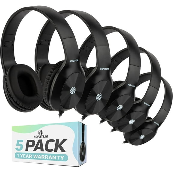 Sonitum Kids Headphones, 5-Pack, On-Ear, 3.5mm Wired, Adjustable, Cushioned, Black