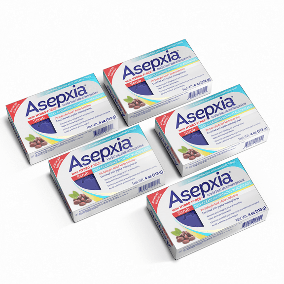 Asepxia Scrub Deep Cleansing Bar Soap for Acne and Blackhead, 2% Salicylic Acid, Value 5 Pack, 4 oz
