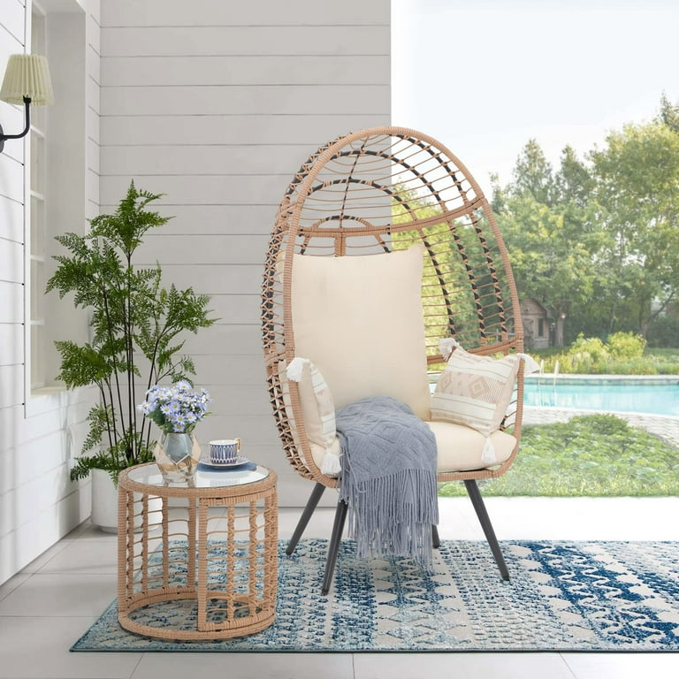 JOIVI Patio Swing Egg Chair with Stand, Oversized Cocoon-Shaped Hammock  Chair, Beige Wicker/ White Cushion