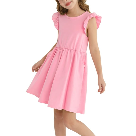 Actgleam Girls Dresses Ruffle Sleeveless A-Line Cute Summer Dresses with Pockets,Pink,7-8Y