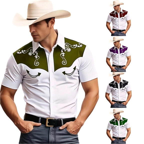 Gunia Western Cowboy Shirts For Men Short Sleeve Button Down Shirt Casual Blouse Breathable Summer Tops Mens T Shirt Army Green M