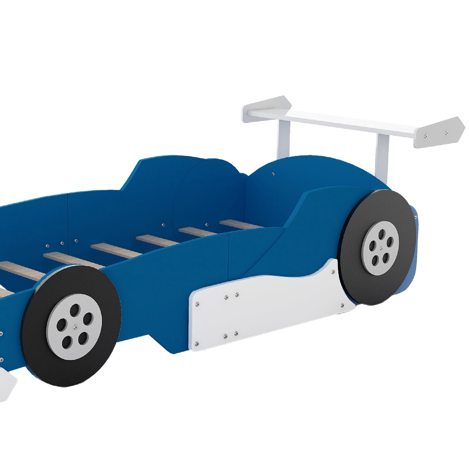 Twin Size Race Car-Shaped Platform Bed Frame with Wheels, Wooden Car Shaped Bed for Bedroom, Apartment, Easy Assembly, No Box Spring Needed, Mattress Not Included, Blue