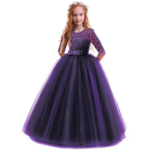 Gubotare Flower Girl Dress Girl's Short Sleeve Button Up Pleated Waist Loose Casual Linen Midi Dress with Pockets,Purple 13-14 Years
