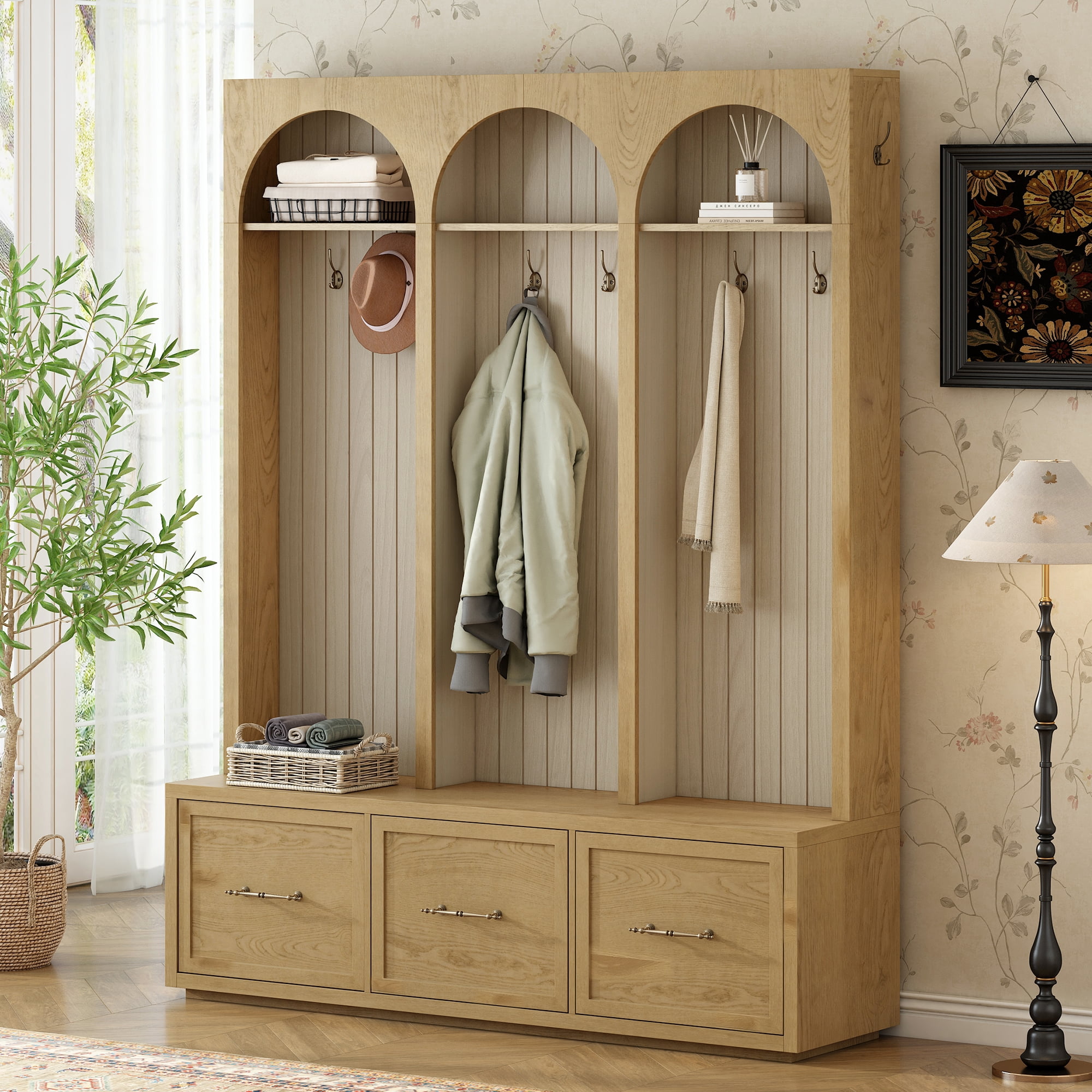 T-Foyer Farmhouse Natural Hall Tree with 8 Hooks & Arched Design, Wooden Rustic Entryway Organizer with Open Storage & 3 Drawers
