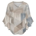 thumbnail image 5 of Abstract Geometric Beige Design Women's V-Neck Blouse With 3/4 Ruffled Bell Sleeves Casual Top Ladies Blouses, 5 of 7