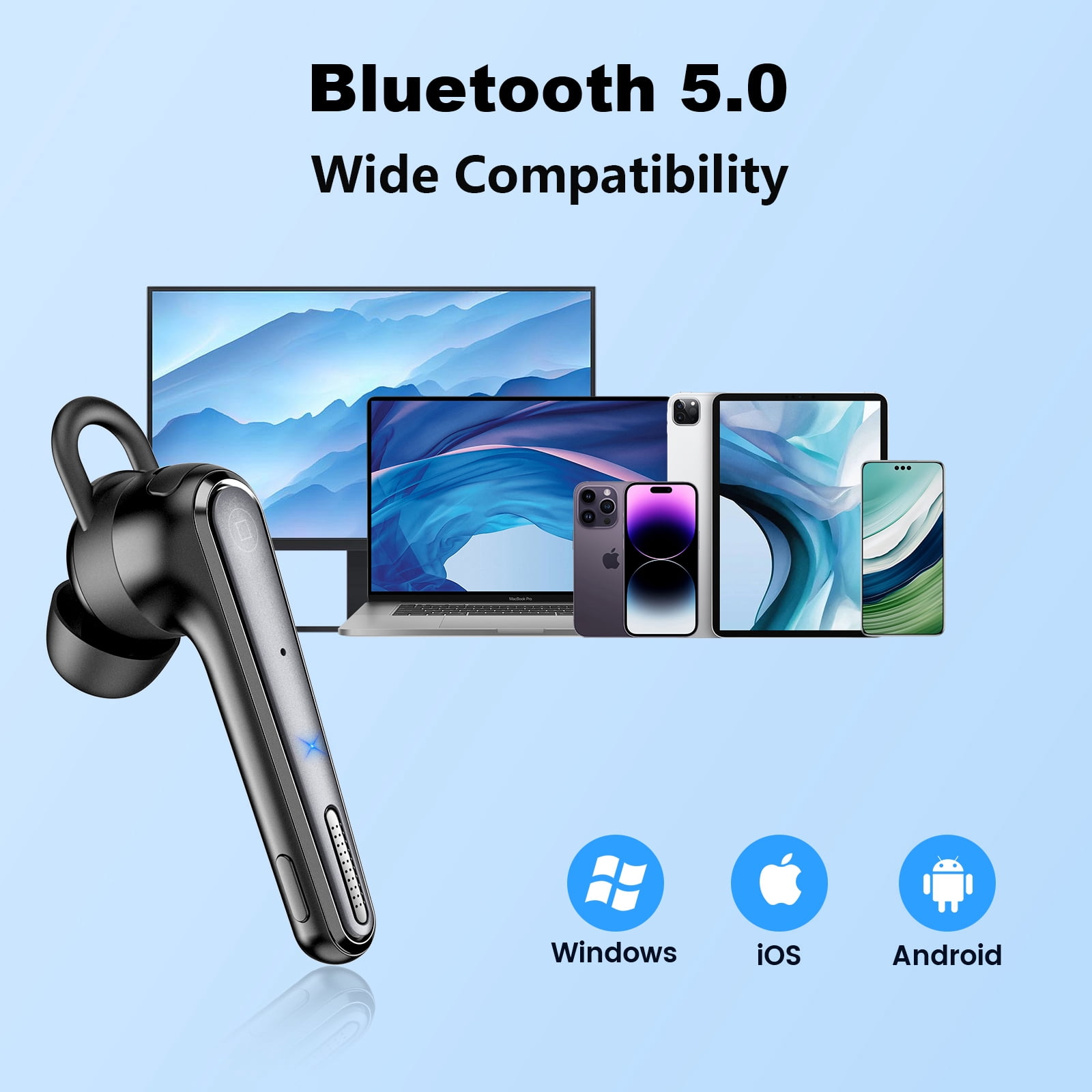 New bee Bluetooth Headset,Wireless Bluetooth Earpiece with ENC Noise Canceling Mic,500mAh Charging Case 180H Standby, LED Display,Single-Ear Hands-Free for Driving/Office/Conference