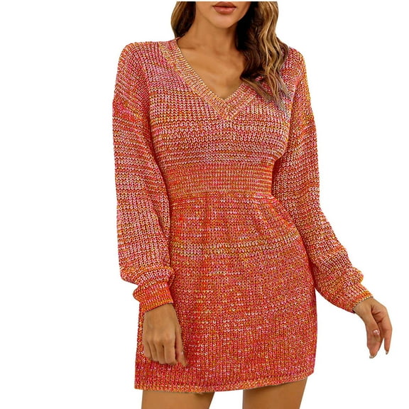 Babysbule Plus Size Womens Sweaters New Arrivals Women's Casual V-neck Colorful Lantern Sleeve Waist Wrap Buttocks Dress Clearance Women's Fashion