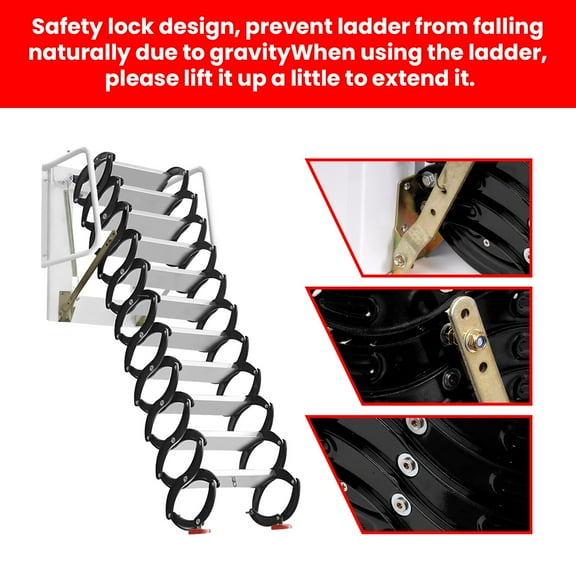 Heavy-Duty 12-Step Al-Mg Alloy Pull Down Attic Stairs - 700LBS Capacity Collapsible Loft Ladder with Armrests, Wall-Mounted Attic Ladder for Homes, Rooftops & Companies