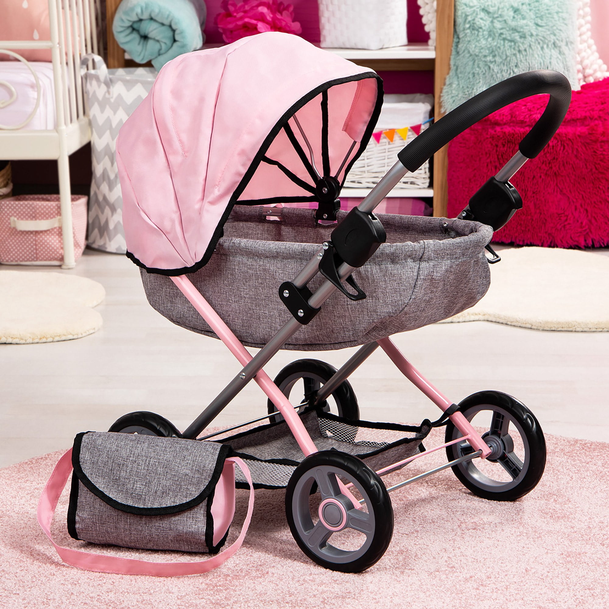 Bayer: 4-in-1 Toy Baby Doll Pram Stroller Cosy Set - Dolls Up to 18" (Pink/Grey) | Baby Dolls | Pretend | Dress up | Accessory
