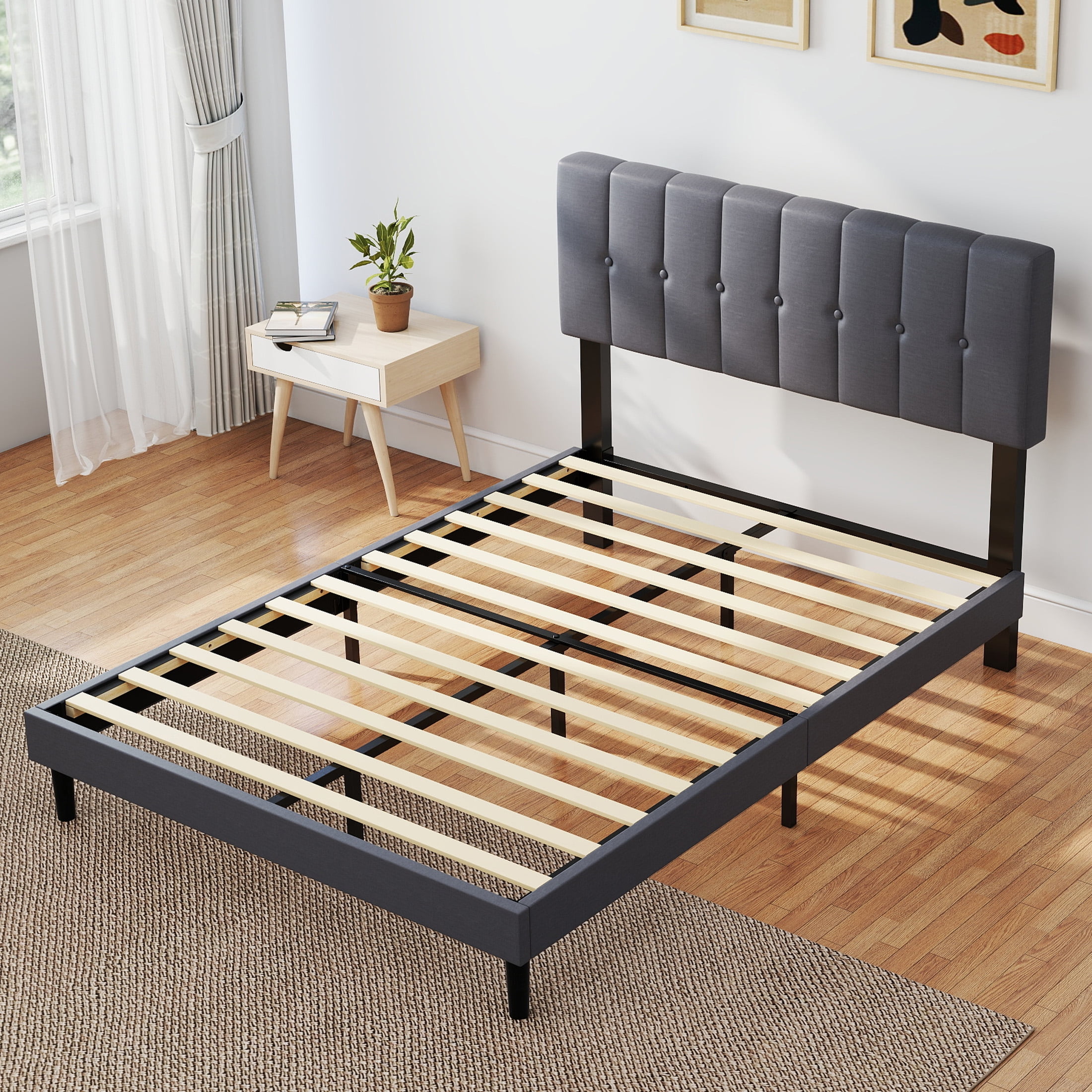 EDX Full Size Platform Bed Frame, Fully Upholstered Mattress Foundationwith Fabric Upholstered Headboard and Wooden Slats Support, No Box Spring Needed, Grey