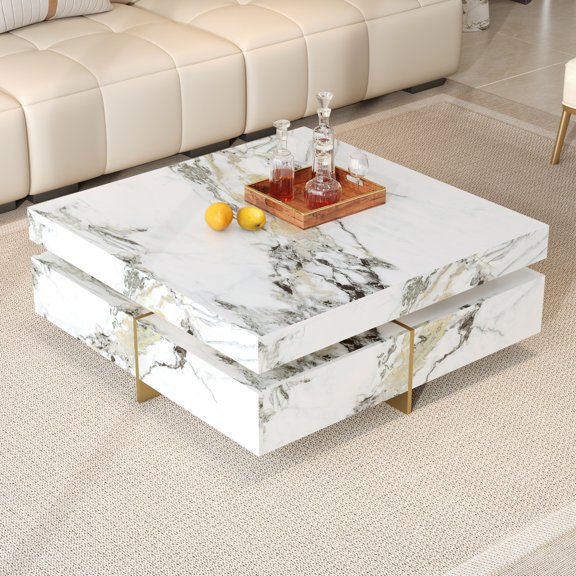 Euroco Modern Square Marble Textured Coffee table with 4 Drawers and Suspended Base, White, 43.3"