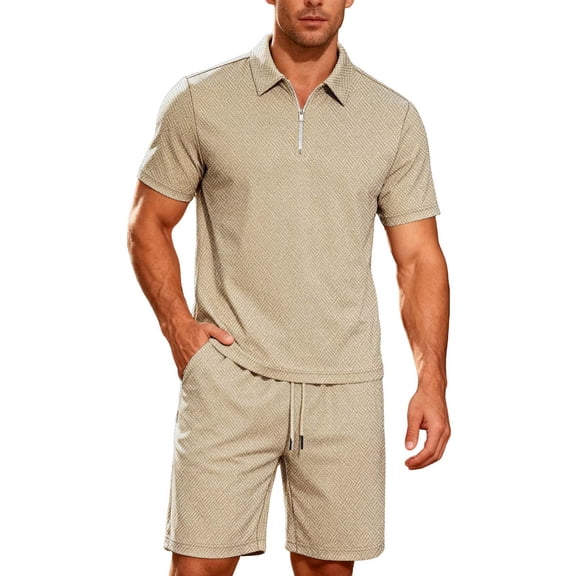 Summer Outfits Mens 2 Piece Shorts Set Short Sleeve 1/4 Zip Collared Top & Drawstring Short Golf Casual Clothing (XL, Khaki)
