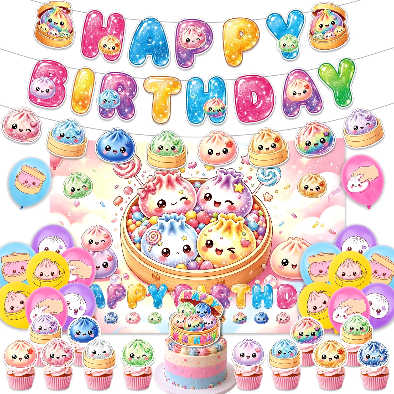 Cute Dumpling Theme Birthday Party Decorations Set Happy Birthday Banner Photo Backdrop Printed Latex Balloons Cake & Cupcake Toppers Complete Party Supplies for Birthday Celebrations