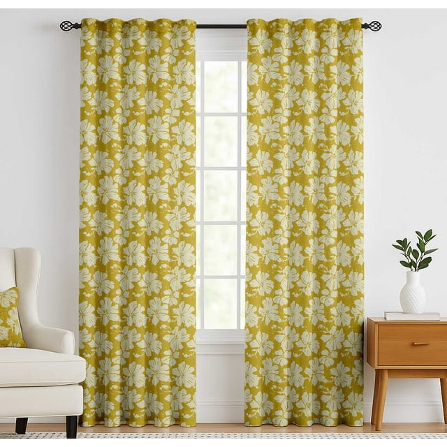 Vargottam Cotton Curtains for Windows - 3-in-1 Rod Pocket/Back Tab Short Window Drapes - Light Filtering Cotton Panels - Set of 2, 52"x63" - Monochrome Flowers Design (Yellow)