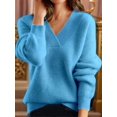 thumbnail image 2 of Female Fall V Neck Sweaters Casual Knit Long Sleeve Loose Fit Pullover Sweater Blouse Light Lake Blue S, 2 of 3