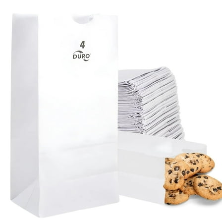 Duro 4# White Paper Lunch Bags 100-Count, Bulk Disposable Paper Bags, Small SOS for Popcorn Candy, Snacks & Treats - 5.00 x3.12 x 9.75 Inches