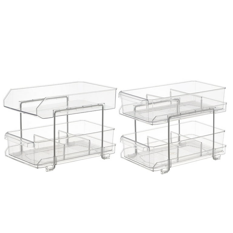 2 Tier Bathroom Organizer with Dividers, Multi-Purpose Clear Under Sink Organizers Storage Slide-Out Container, Bathroom Vanity Counter Organizing