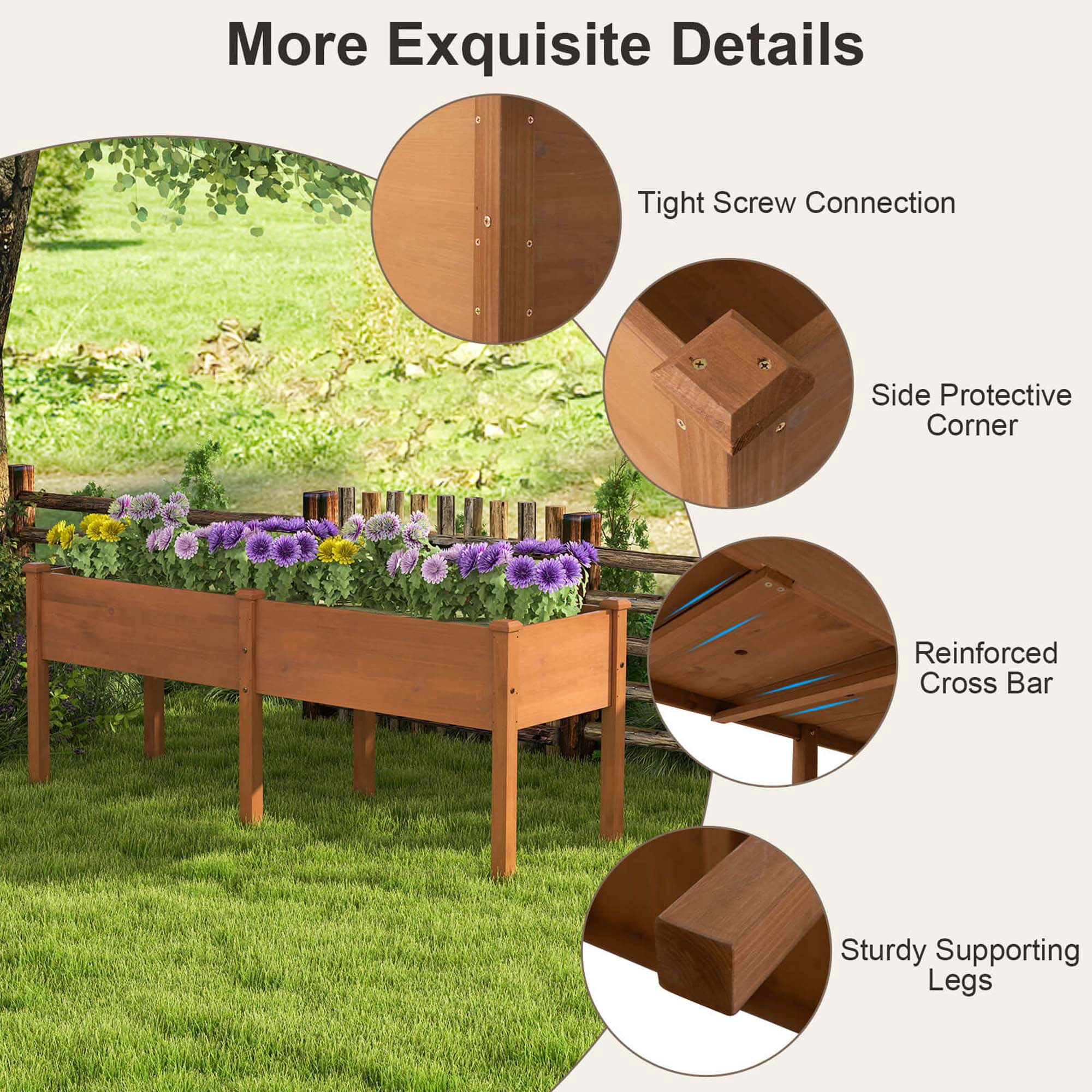 Costway Raised Garden Bed Elevated Fir Wood Planter Box with 2 Large Planting Areas Brown