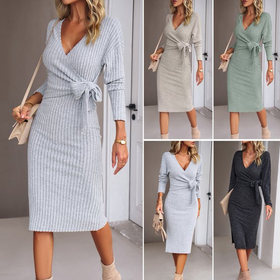 BAETEUY Women Dress Cross V Neck Lace-up Slim Fit Sheath Long Sleeves Knee Length Knitted Slim Fit Elastic Midi Dress Shopping Dating Dress