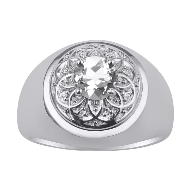 RYLOS Men's Rings Sterling Silver Designer Gypsy 7MM Round Gemstone & Diamond Ring White Topaz April Birthstone Size 13
